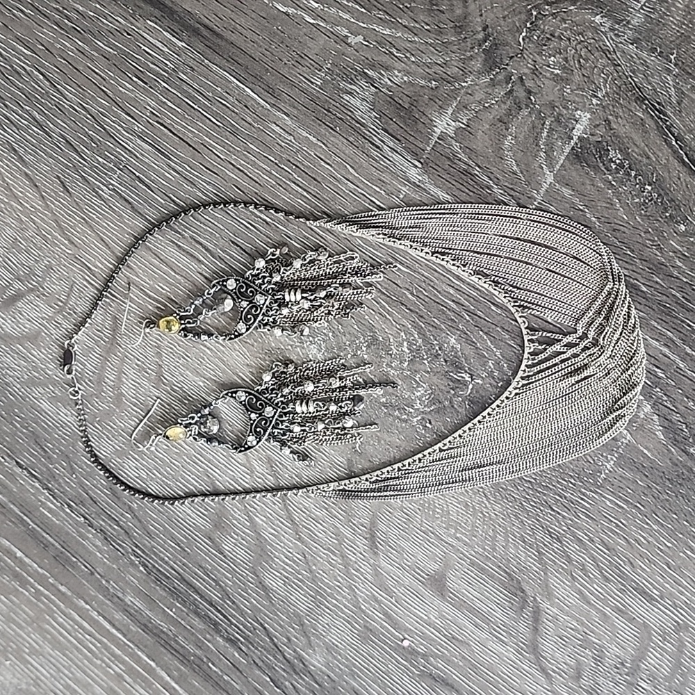 Antique Silver Chandelier Dangle Earrings and Draped Chain Necklace
